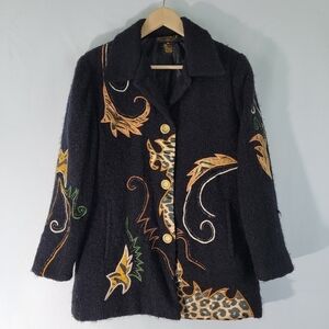 Alex Kim Black/Gold Boucle Jacket Sz M Embroidery Patches Button-Up Lined Pocket